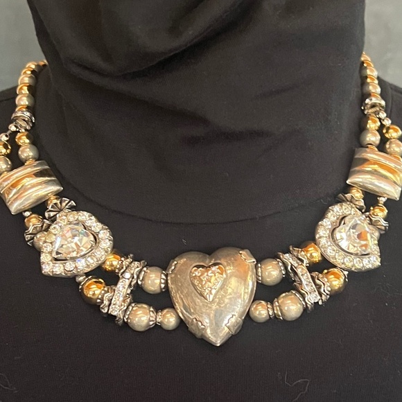 Vintage Ylang Ylang Choker Necklace, Gold Plate & Silver with Glass & Crystals - Picture 3 of 12